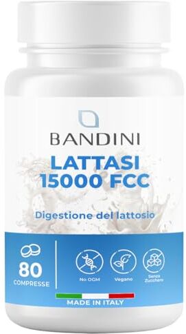 BANDINI ® Lattasi DEPOT 15.000 FCC   80 Compresse a Lento Rilascio (6 ORE)   Per Intolleranza al Lattosio   Digestione di Latte e Latticini   Enzimi Digestivi per Intestino   Vegan, Senza Additivi