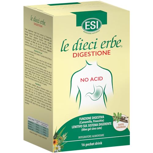ESI Le Dieci Erbe No Acid, Integratore Alimentare con Aloe Vera Gel, a Base di Estratti di Camomilla e Liquirizia, Favorisce la Digestione, Senza Glutine, 16 Pocket Drink