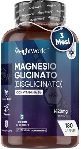 WeightWorld Magnesio Bisglicinato Vitamina B6, 1420mg di cui 200mg Magnesio Elementare (Dose) Senza Magnesio Stearato, 180 Capsule Vegan Magnesio Glicinato (Magnesium Glycinate) Bisglicinato Magnesio B6 Vitamina