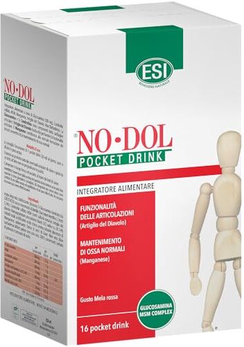 ESI No-Dol, Integratore Alimentare a Base di Glucosamina, con Artiglio del Diavolo e Aloe Vera, per la Funzionalità Articolare, Gusto Mela Rossa, Senza Glutine, 16 Pocket Drink