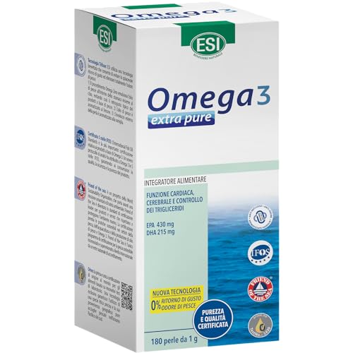 ESI Omega 3 Extra Pure, Integratore Alimentare di Olio di Pesce Concentrato, con Vitamina E, Contribuisce ai Normali Livelli di Trigliceridi e alla Funzione Cardiaca, 180 Perle