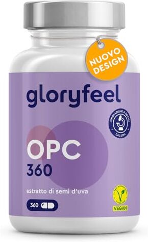 Gloryfeel Integratore OPC, Estratto di semi d'uva Resveratrolo con Vitamina C, 360 Capsule Vegan, 631mg di OPC puro da Uve Francesi, Antiossidante per Circolazione, Proantocianidina Oligomerica