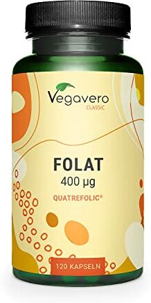 Vegavero ACIDO FOLICO ®   400 mcg   L-Metilfolato 5MTHF (Quatrefolic®) dall'Italia   L’UNICO SENZA ADDITIVI   Folato Attivo Certificato in Laboratorio   Folic Acid   120 capsule   Vegan