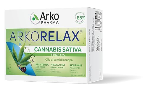 Arkopharma Arkorelax Cannabis Sativa Integratore Alimentare per lo Stress Con Rodiola, Eleuterococco, Magnesio, Vitamina B6, Olio di Semi di Canapa 1 Confezione da 30 Compresse