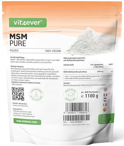 Vit4ever MSM in polvere 1,1 kg (1100g) Metilsulfonilmetano cristallino puro al 99,9% Fattore di maglia 40-80 Zolfo organico Vegan