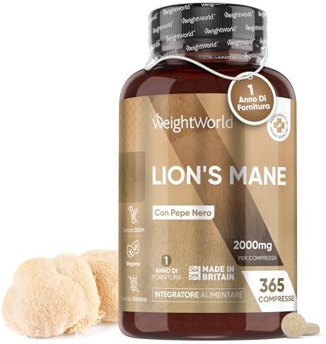 WeightWorld Lions Mane Vegano, Hericium Erinaceus 2000mg per 1 Anno, 365 Compresse di Hericium con Pepe Nero, 50% Polifenoli, Lion's Mane 1 Capsula al Giorno, Criniera di Leone Fungo Integratore con Estratto 25:1