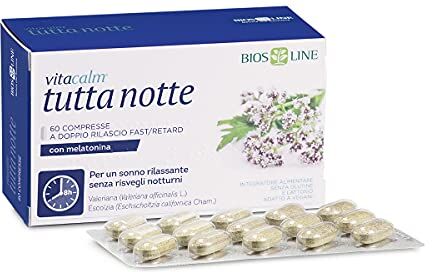 Bios Line VitaCalm Tutta Notte, Integratore per dormire con Melatonina, Integratore rilassante a doppio rilascio per favorire il rilassamento ed un sonno tranquillo, 60 compresse