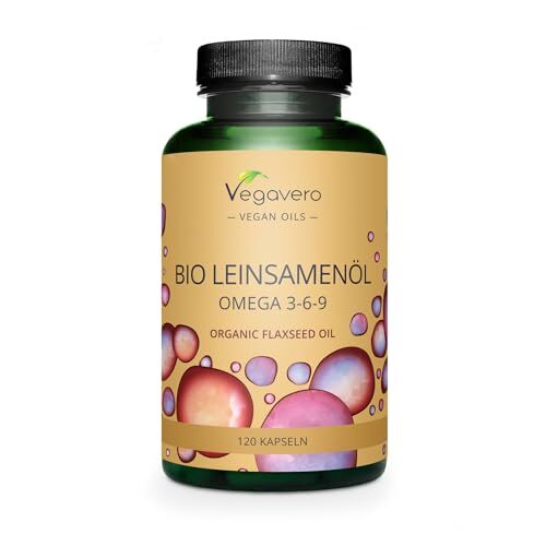 Vegavero Olio di SEMI di LINO ®   100% Biologico, Vegan e Senza Additivi   1000 mg di Omega 3 6 9   Miglior rapporto di acidi grassi   120 capsule