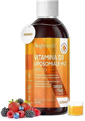 WeightWorld Vitamina D3 K2 Liposomiale 250ml da 2000 UI Vegan, Vitamina D3 + Vitamina K2 75 µg Liquida ai Frutti Rossi, Vitamina D 2000 UI + Vitamina K2 MK7, Integratore D3 K2 Senza Glutine, Vitamina D + Vit K2