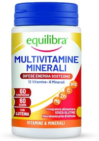 Equilibra Integratori Alimentari, Multivitamine e Minerali, a base di 12 Vitamine e 6 Minerali con Luteina, Indicato per Diete Povere di Minerali e Vitamine o Aumentato Fabbisogno, 60 Compresse