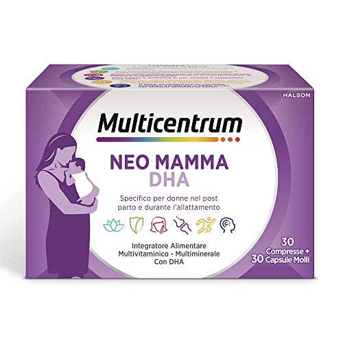 MULTICENTRUM Neo Mamma DHA, Integratore multivitaminico specifico per la donna dopo la gravidanza e durante l'allattamento, ricco di acido folico, vitamina d, b12 e biotina, 30cpr +30 capsule molli