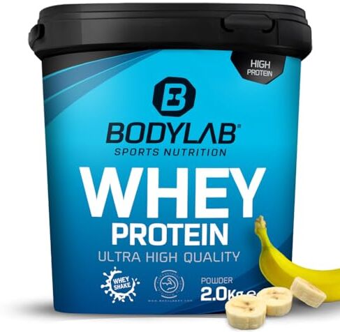 Bodylab24 Whey Protein Powder Banana 2kg, proteine per muscoli più forti, whey può promuovere la costruzione dei muscoli, con 80% di proteine, senza aspartamee