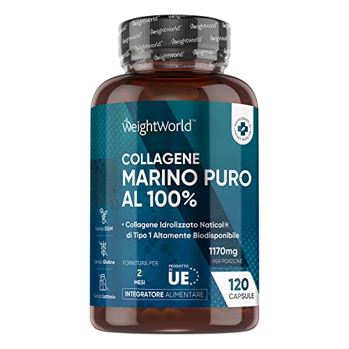 WeightWorld Collagene Marino 1170mg per Dose, 120 Capsule Collagene Integratore Senza Metalli Pesanti né OGM, Puro Collagene Idrolizzato Naticol di Tipo 1, Collagene in Polvere Senza Glutine Scorta per 2 Mesi