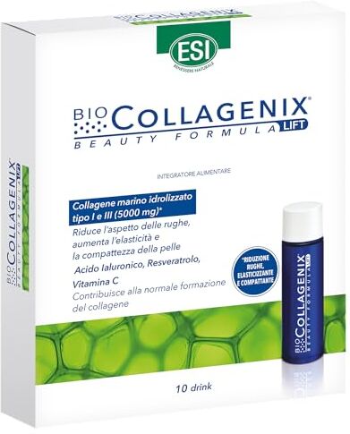 ESI Biocollagenix, Integratore Alimentare Antiage a base di Collagene Marino, Vitamina C e Zinco, Dona una Pelle Compatta e Contrasta le Rughe, Senza Glutine e Dermatologicamente Testato, 10 Drink