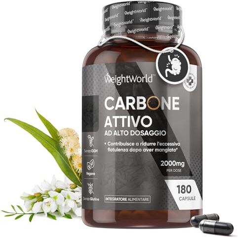 WeightWorld Carbone Vegetale 2000mg Vegano, 180 Capsule di Carbone Attivo, Contribuisce a Ridurre l'Eccessiva Flatulenza Dopo Aver Mangiato, Carbone Vegetale Polvere di Eucalipto e Acacia, Aerofagia e Meteorismo