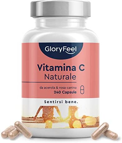 Gloryfeel Vitamina C Naturale 240 Capsule, Vitamina C Acerola e Rosa Canina, 400 mg Vitamina C Pura per Dose Giornaliera, Vitamina C Capsule, Integratore Difese Immunitarie, 100% Vegan e Naturale