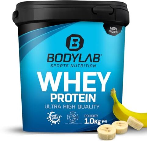 Bodylab24 Whey Protein Powder Banana 1kg, proteine per muscoli più forti, whey può promuovere la costruzione dei muscoli, con 80% di proteine, senza aspartamee