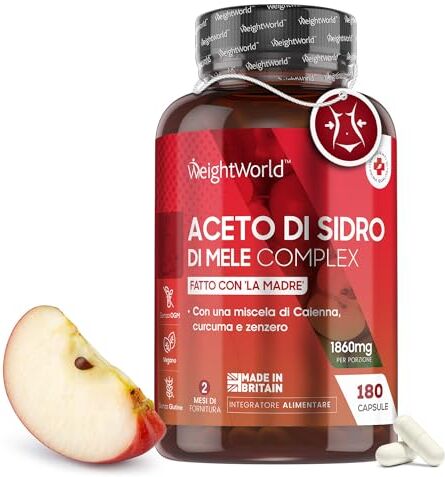 WeightWorld Aceto di Sidro di Mele Complex 1860mg Vegano, 2 Mesi, 180 Capsule Aceto di Mele Non Filtrato, Apple Cider Vinegar con Curcuma, Pepe di Cayenna, Zenzero, Lactobacillus Gasseri, Aceto di Mele con Madre