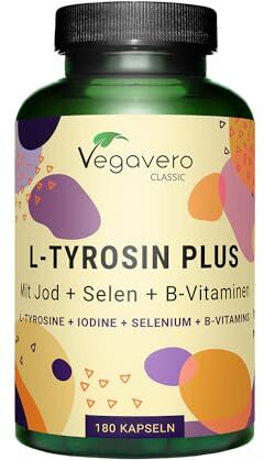 Vegavero L-Tirosina ®   1200 mg   con Iodio, Selenio, Vitamina B12, B5, B3, Acido Folico e Biotina   Integratore per Tiroide, Metabolismo e Concentrazione   180 capsule   Vegan