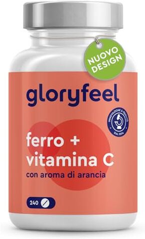 Gloryfeel Integratore Ferro 20mg + Vitamina C con Sapore di Arancia, 240 Compresse Vegan, per Anemia, Mestruazioni e Stanchezza Fisica, ad Alta Biodisponibilità, Ricostituente Sangue