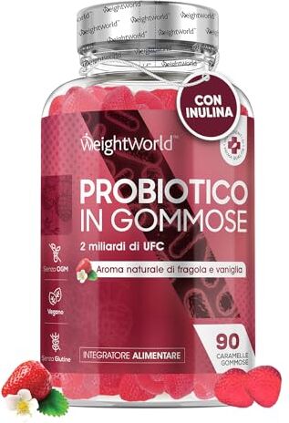 WeightWorld Fermenti Lattici 90 Gommose, Probiotici e Prebiotici Vegan Fragola Vaniglia, Probiotici Donna e Uomo con Bacillus Coagulans + Inulina da 2 Miliardi UFC, Fermenti Lattici Probiotici Flora Intestinale