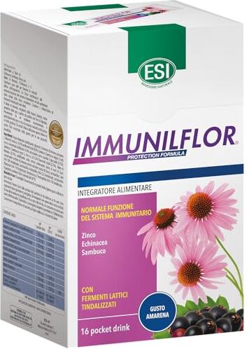 ESI Immunilflor, Integratore Alimentare a Base di Fermenti Lattici e Vitamina C, Favorisce le Difese Immunitarie Contro i Malanni Tipici della Stagione Invernale, Senza Glutine, 16 Pocket Drink