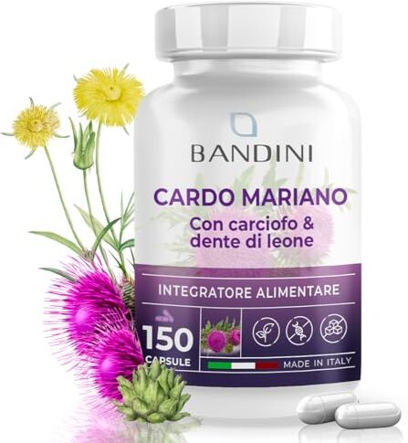 BANDINI ® Complesso di Cardo Mariano, Carciofo e Dente di Leone   150 capsule   Integratore naturale con 80% di Silimarina   Diuretico, Digestivo e Depurativo   Altamente dosato   100% Vegan   No OGM