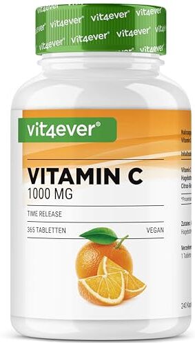 Vit4ever Vitamina C 1000mg 365 compresse in un anno di fornitura Effetto Rilasciato nel Tempo Vitamina C + Estratto di Rosa Canina + Bioflavonoidi di Agrumi Vegan Altamente Dosato