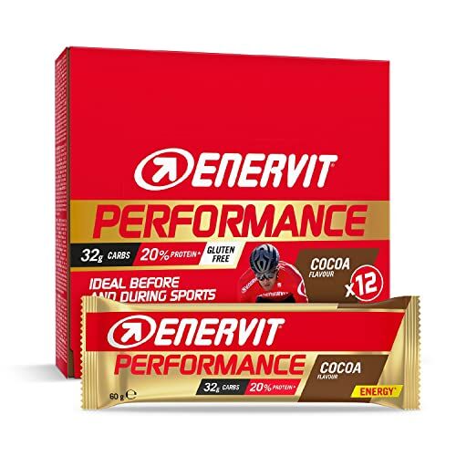 Enervit , Performance Bar Cocoa, 12 Barrette da 60g che Apportano 32 Grammi di Carboidrati, 20% di Proteine e Vitamina B6, Gusto Cacao, Barrette Energetiche Ciclismo e Altri Sport, Senza Glutine, Low Fat