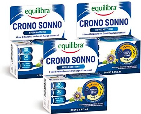 Equilibra Integratori Alimentari, Crono Sonno, Integratore con Melatonina ed Estratti Vegetali in Compresse con Tecnologia Innovativa Super Fast + Fast + Retard, 3 Pezzi da 30 Compresse Triplo Strato