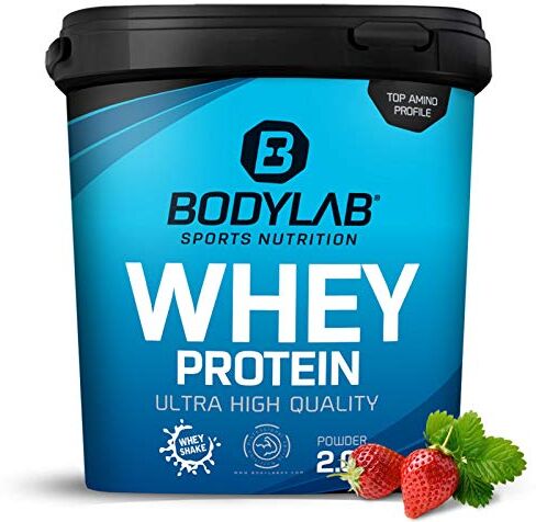 Bodylab24 Whey Protein Powder Fragola 2kg, proteine per muscoli più forti, whey può promuovere la costruzione dei muscoli, con 80% di proteine, senza aspartamee