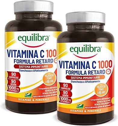 Equilibra Integratori Alimentari, Vitamina C 1000 mg, Integratore Altodosato per Normale Funzione del Sistema Immunitario, Rilascio Graduale Fino a 6 Ore, Vegan, Gluten Free, 2 Pezzi da 90 Compresse