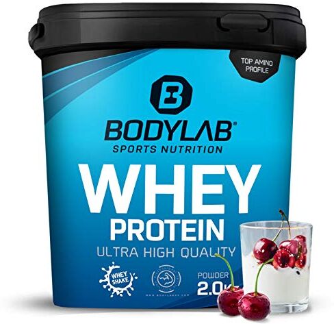 Bodylab24 Whey Protein Powder Yogurt alla ciliegia 2kg, proteine per muscoli più forti, whey può promuovere la costruzione dei muscoli, con 80% di proteine, senza aspartamee