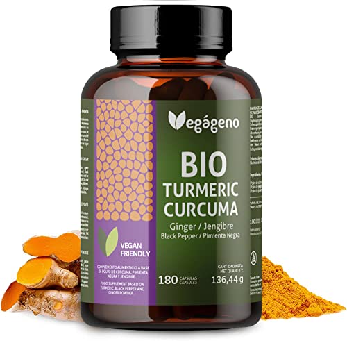 VEGÁGENO Curcuma Biologica 180 Capsule con Zenzero e Pepe Nero Integratore ecologico di curcumina ad alto dosaggio per la digestione e la salute delle articolazioni, 100% Vegan