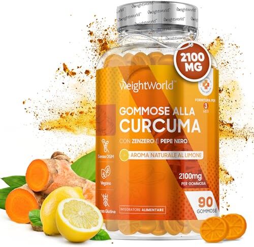 WeightWorld Curcuma e Piperina Plus 2100mg, Gommose Vegan con Curcuma, Pepe Nero e Zenzero, Curcuma e Piperina con Zenzero, 90 Gommose con Curcumina, 3 Mesi, Gusto Limone, Comoda Alternativa alle Curcuma Capsule