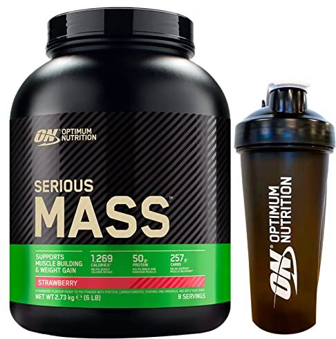 Optimum Nutrition Serious Mass Gainer Proteine Whey in Polvere per la Massa Muscolare con Creatina Glutammina e Vitamine Fragola 2,73kg 8 Porzioni + Shaker