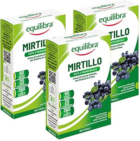 Equilibra Integratori Alimentari, Mirtillo, Integratore per la Normale Capacità Visiva e la Funzionalità del Microcircolo, con Estratto di Mirtillo, Vitamina A e Zinco, 3 Pezzi da 60 Capsule Vegetali