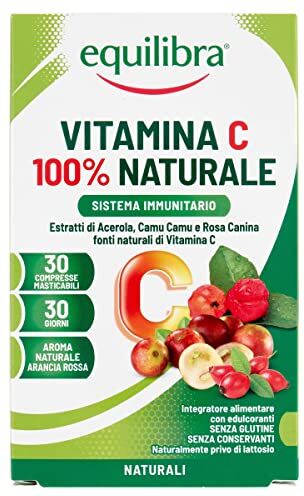 Equilibra Integratori Alimentari, Vitamina C 100% Naturale, Integratore Sistema Immunitario, Riduce Stanchezza e Affaticamento, Aroma Naturale Arancia Rossa, 30 Compresse Masticabili