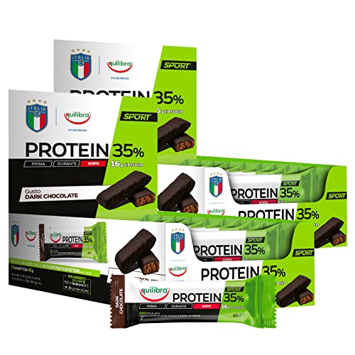 Equilibra 48x  Integratore per lo Sport Protein 35% Barretta Proteica al Cioccolato Fondente con Vitamina C e Vitamina B1 Senza Olio di Palma 48 Barrette da 45g