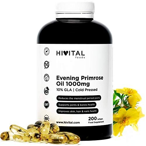 HIVITAL foods Olio di Enotera 1000 mg Pressato a Freddo con 10% GLA e Vitamina E Naturale   200 Softgel   Per l'equilibrio ormonale della donna e la salute de le articolazioni, le ossa, la pelle, capelli e unghie