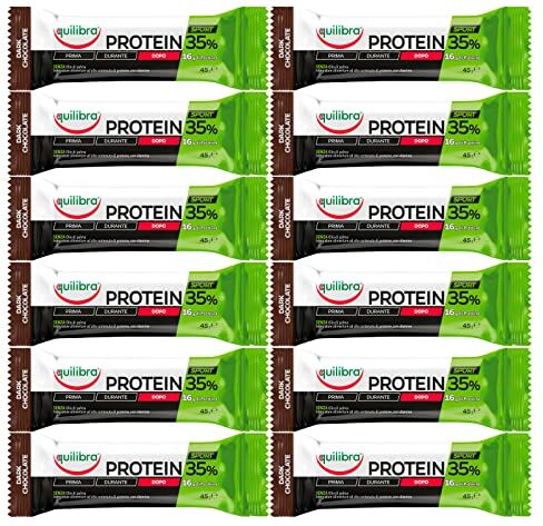 Equilibra 12x  Integratore per lo Sport Protein 35% Barretta Proteica al Cioccolato Fondente con Vitamina C e Vitamina B1 Senza Olio di Palma 12 Barrette da 45g