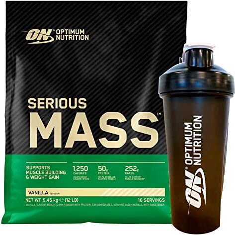 Optimum Nutrition Serious Mass Gainer Proteine Whey in Polvere per Aumentare la Massa Muscolare con Creatina Glutammina e Vitamine Vaniglia 5,45kg 16 Porzioni + SHAKER