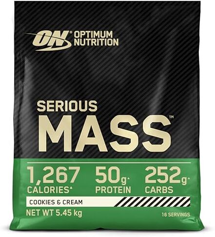 Optimum Nutrition Serious Mass Proteine in Polvere ad Alto Contenuto Calorico per Aumento Peso, con 25 Vitamine e Minerali, Creatina Monoidrato e Glutammina, Gusto Biscotti e Crema, 16 Dosi, 5,45 kg