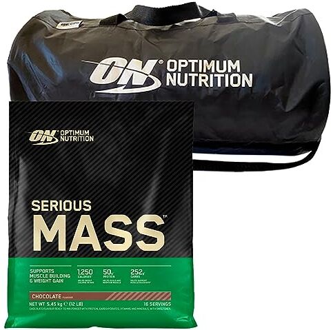 Optimum Nutrition Serious Mass Proteine in Polvere ad Alto Contenuto Calorico per Sviluppo Massa Muscolare con Vitamine Minerali Creatina Glutammina Gusto Cioccolato 16 Dosi 5,45Kg + BORSONE