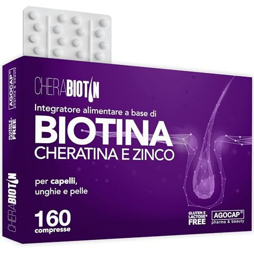 Agocap Cherabiotin, integratori a base di Biotina, Cheratina e Zinco. Vitamine per unghie e pelle. crescita capelli e anticaduta donna. 160 micro compresse, 5 MESI DI FORNITURA