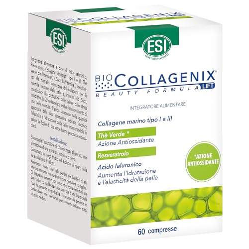 ESI Biocollagenix, Integratore Alimentare Antiage a base di Collagene Marino, Zinco e Acido Ialuronico, Azione Antiossidante sul Viso, Dona una Pelle Elastica e Idratata, Senza Glutine, 60 Ovalette