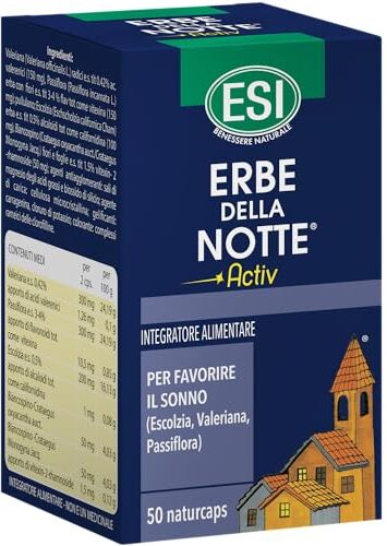 ESI Erbe della Notte Activ, Integratore Alimentare, a Base di Valeriana, Passiflora, Escolzia e Biancospino, Senza Glutine e Vegan, Favorisce il Sonno e Riduce Ansia e Stress, 50 Capsule