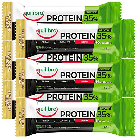 Equilibra 6x  Integratore per lo Sport Protein 35% Barretta Proteica al Cioccolato Bianco con Vitamina C e Vitamina B1 Senza Olio di Palma 6 Barrette da 45g