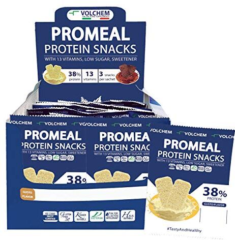 Volchem Promeal Protein Snacks 38, Snack Proteico al 38% di Proteine, con Vitamine, Senza Grassi Idrogenati, Conservanti e con Pochi Zuccheri, Scatola da 16 Bustine, Gusto White Chocolate, 600 g