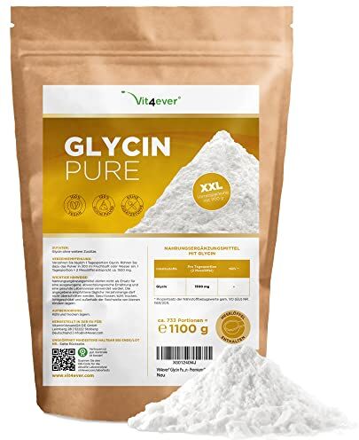 Vit4ever Glycine Pure 1100 g (1,1 kg) di polvere pura senza additivi Con misurino 100% aminoacido glicina Vegan